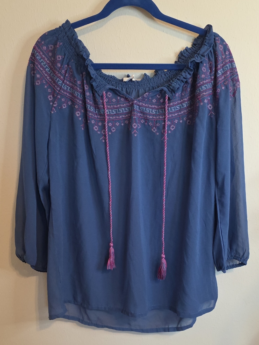 C Blue Boho Peasant Tunic with Pink Embroidery